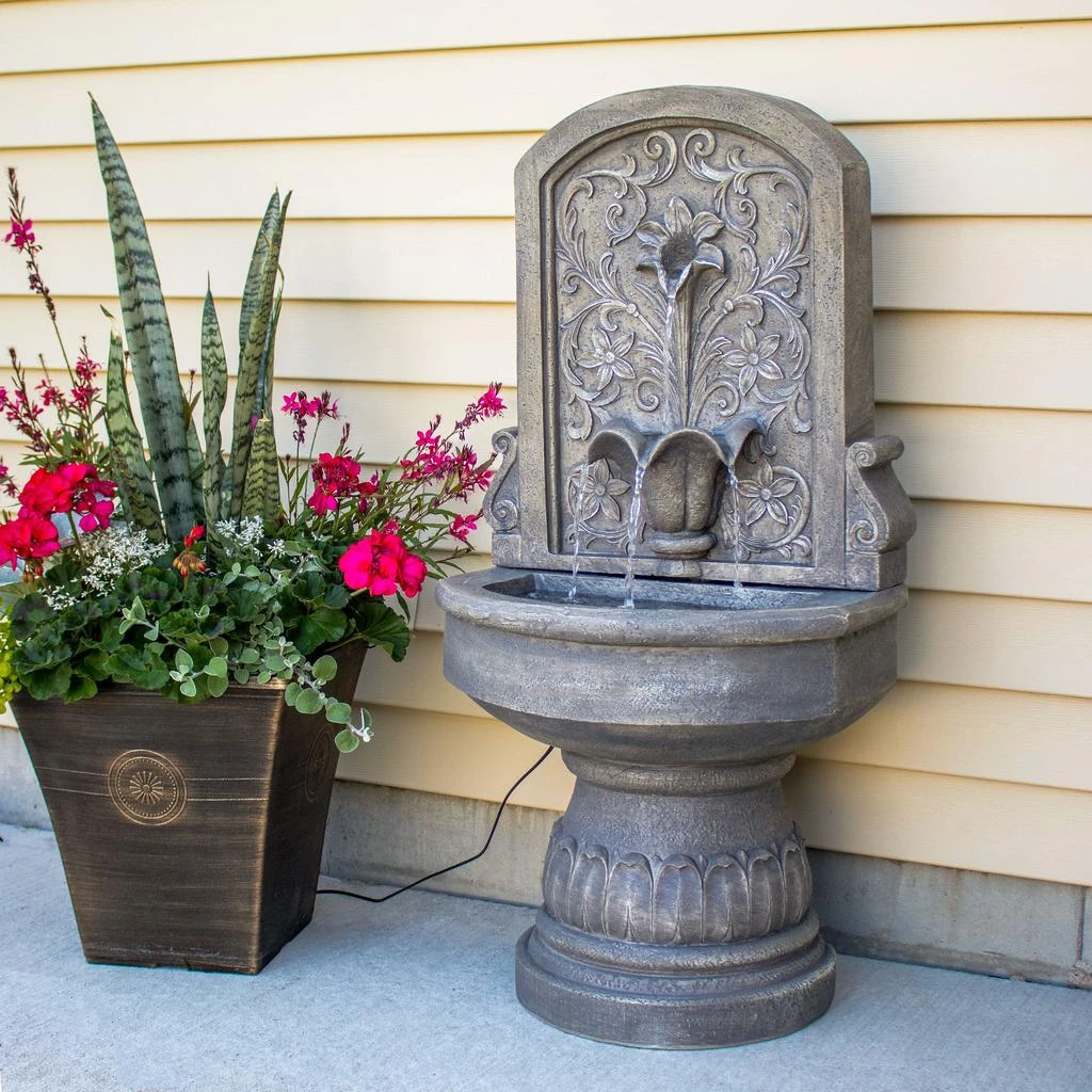Sunnydaze Lovely Lily Polyresin Flat Back Pedestal Outdoor Wall Fountain for the Patio, Deck, or Yard - 37.5" - Gray 2