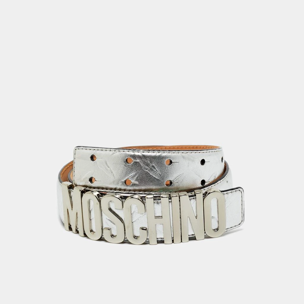 Moschino Silver Embossed Leather Logo Classic Waist Belt  display picture 1