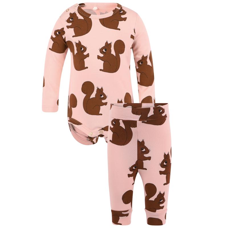 Mini Rodini Squirrel print organic bodysuit and pants set in pink