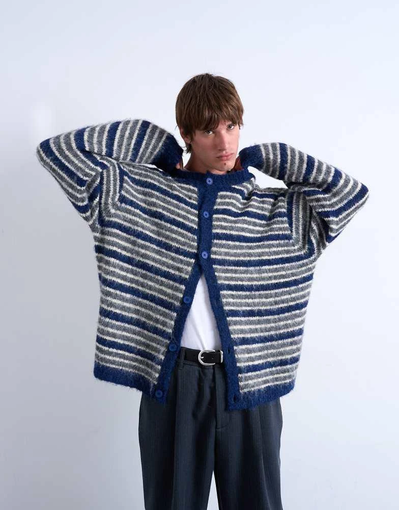 Topman Topman fluffy stripe crew cardigan in blue