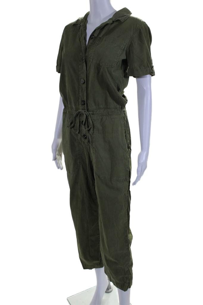 SEZANE Womens Textured Collar Button Short Sleeve Jumpsuit Army Green