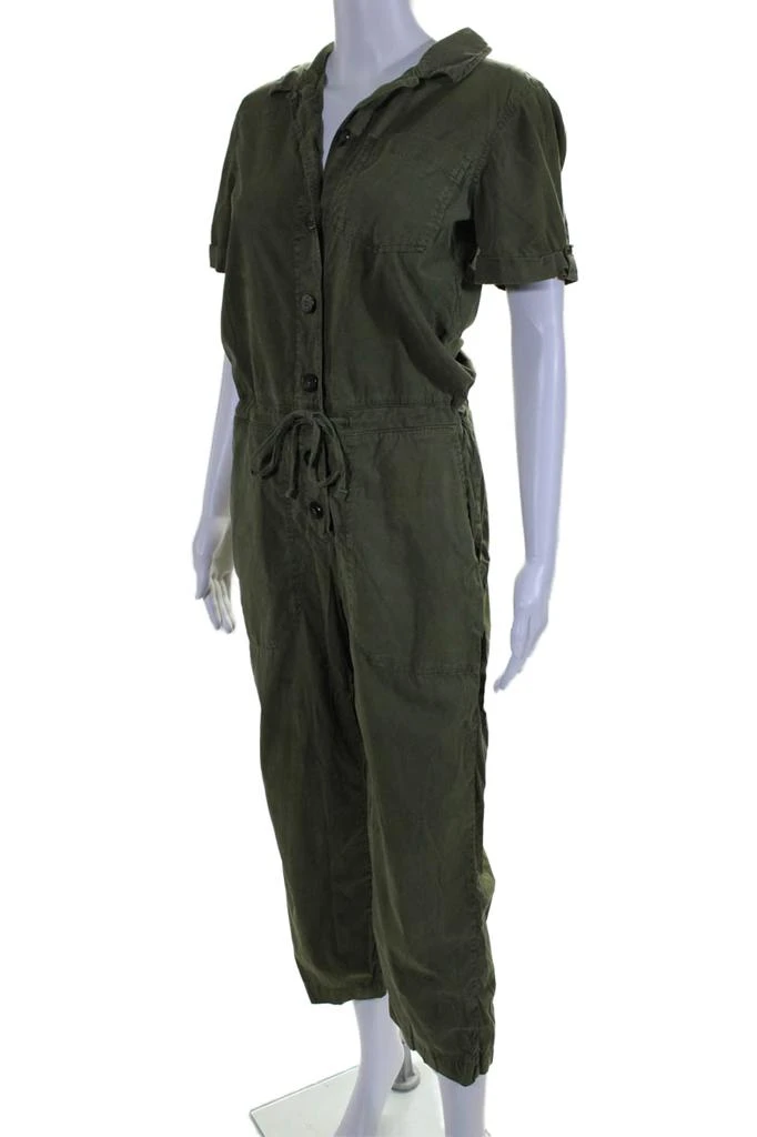 SEZANE Womens Textured Collar Button Short Sleeve Jumpsuit Army Green 2