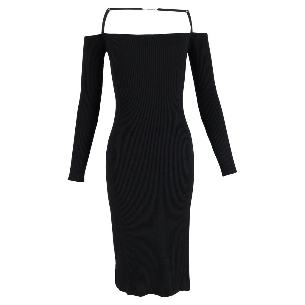 Jacquemus Midi La Robe Sierra Ribbed-Knit Dress in Black Viscose