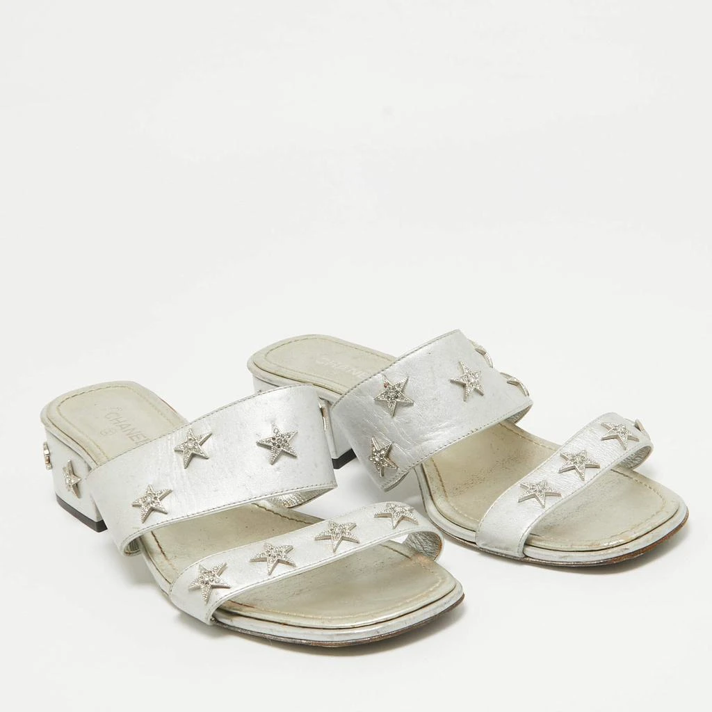 Chanel Chanel Silver Leather Star Crystal Embellished Slide Sandals Size 38.5 4