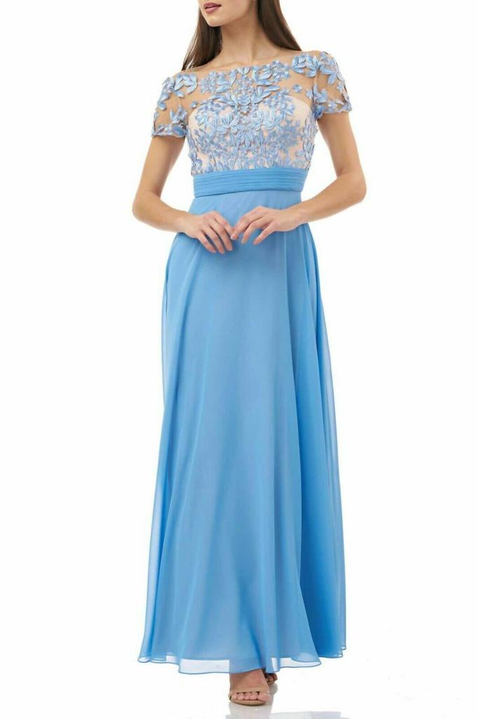 JS Collections Js Collections - Embroidered Floral Illusion Mesh Chiffon Gown