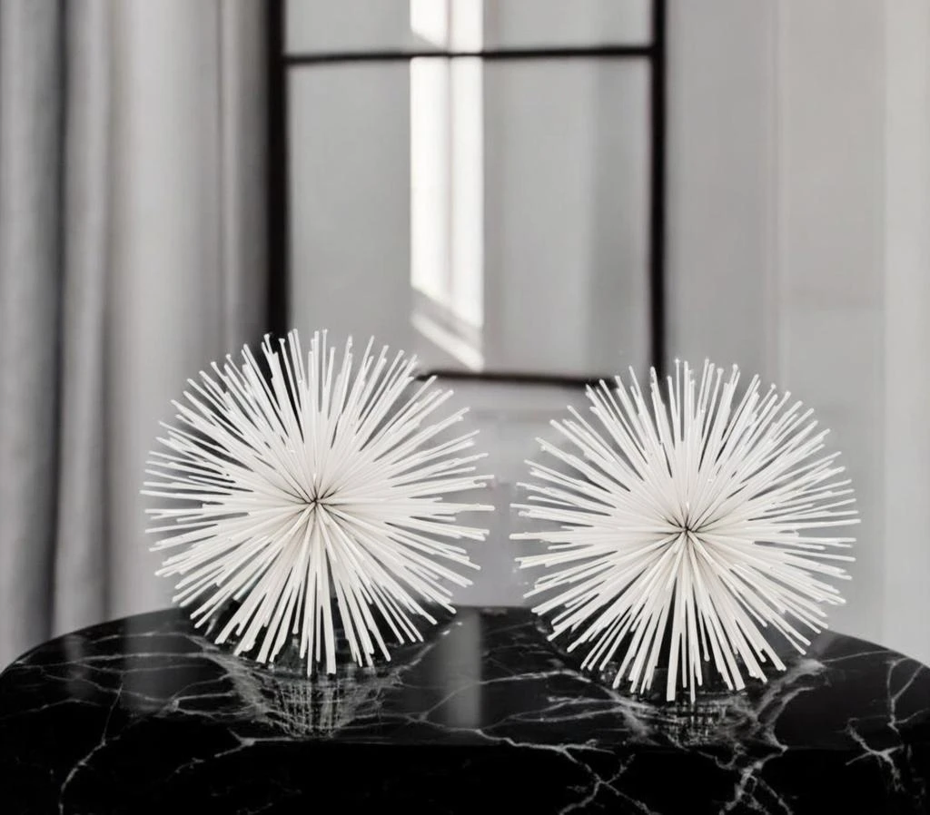 Hivvago Set of Two White Iron Decorative Spiky Sphere Tabletop Sculpture