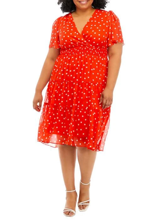 Gabby Skye Skye Plus Size Short Sleeve Smocked Waist Dot Printed Chiffon Midi Fit And Flare 1