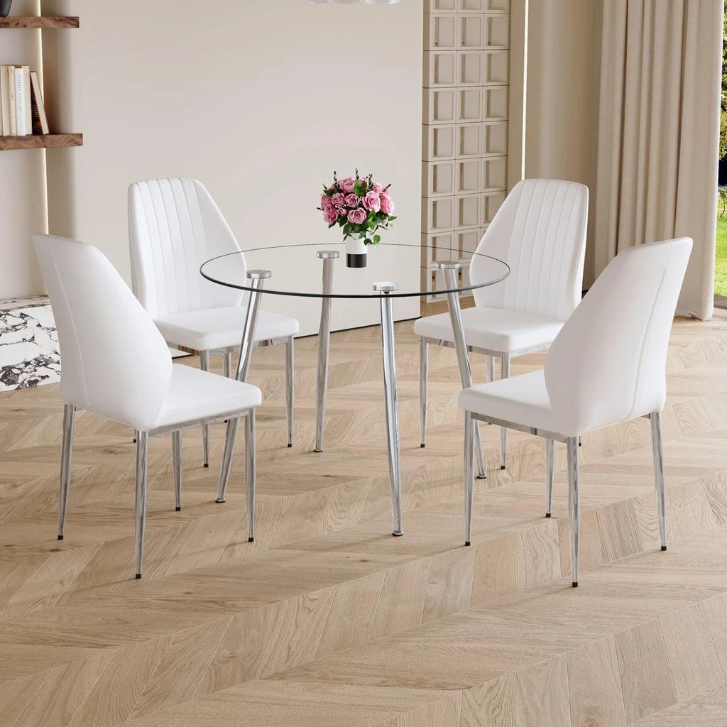 Streamdale Furniture Streamdale Round Glass Dining Table with White Chairs (1+4) 5