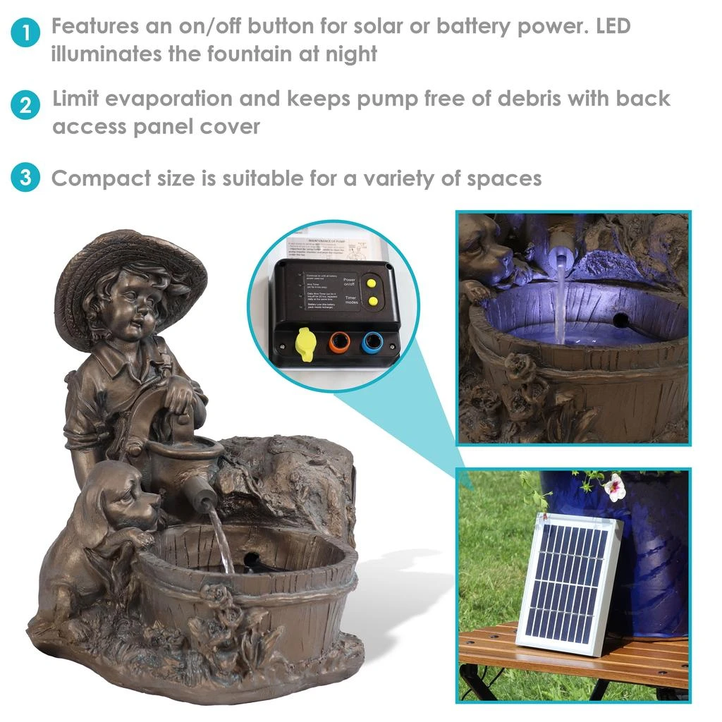 Sunnydaze Outdoor Polyresin Boy with Dog Solar Powered Water Fountain Feature with LED Light - 15" - Light Brown 2