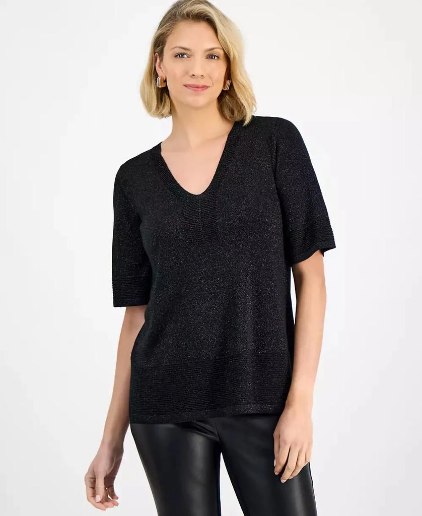 JM Collection Petite Textured-Knit V-Neck Short-Sleeve Sweater, Exclusively at Macy's 1