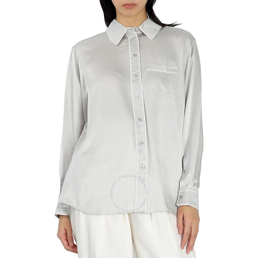 Burberry Ladies Light Pebble Grey Silk Satin Shirt