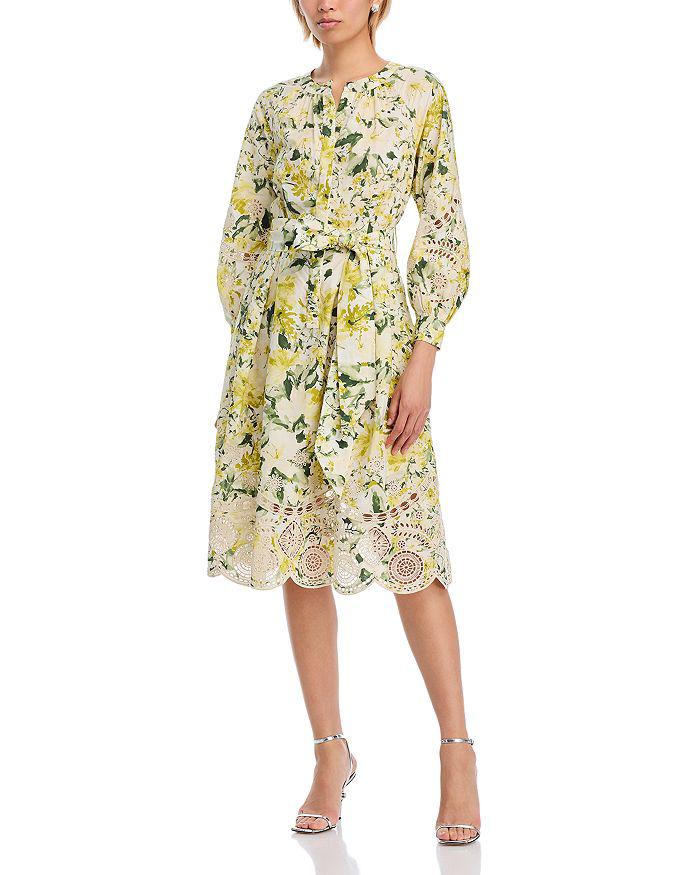 Teri Jon Cotton Print Eyelet Trim Dress
