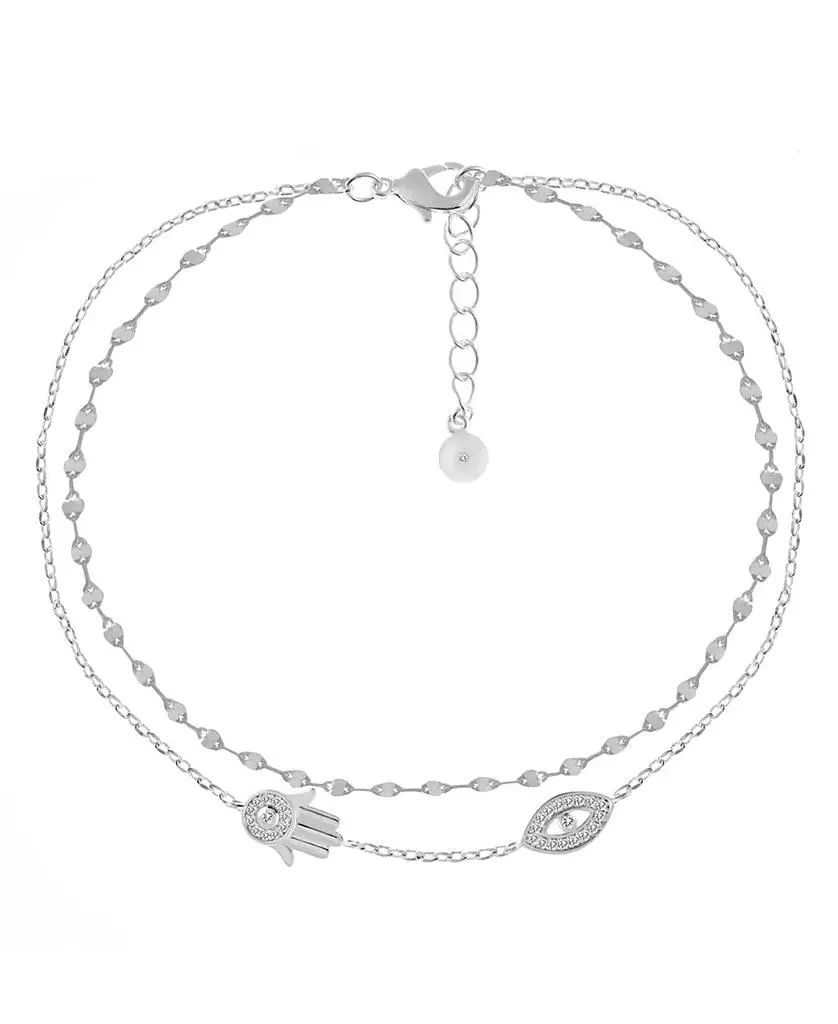 Essentials Double Row Cubic Zirconia Hamsa Hand and Evil Eye Anklet in Silver Plate