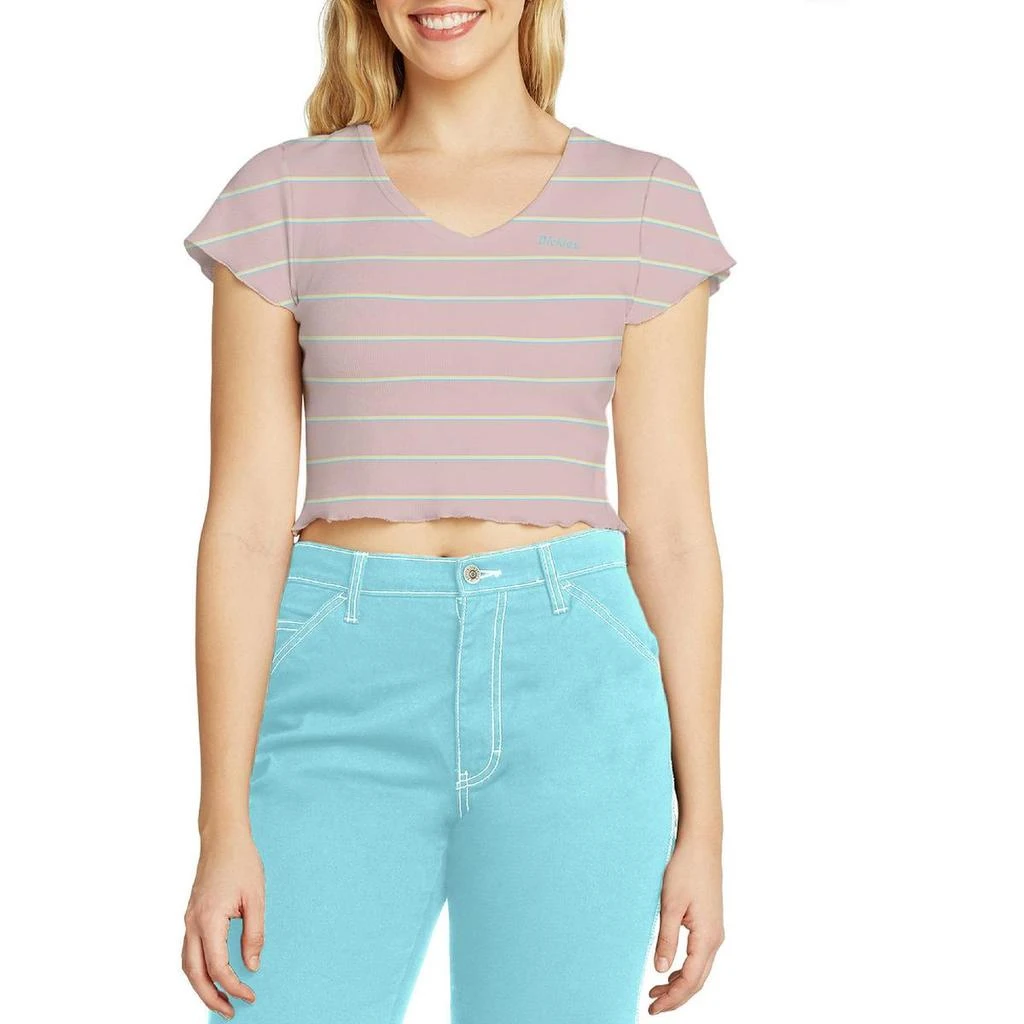 DICKIES Juniors Womens Striped V-Neck T-Shirt 1
