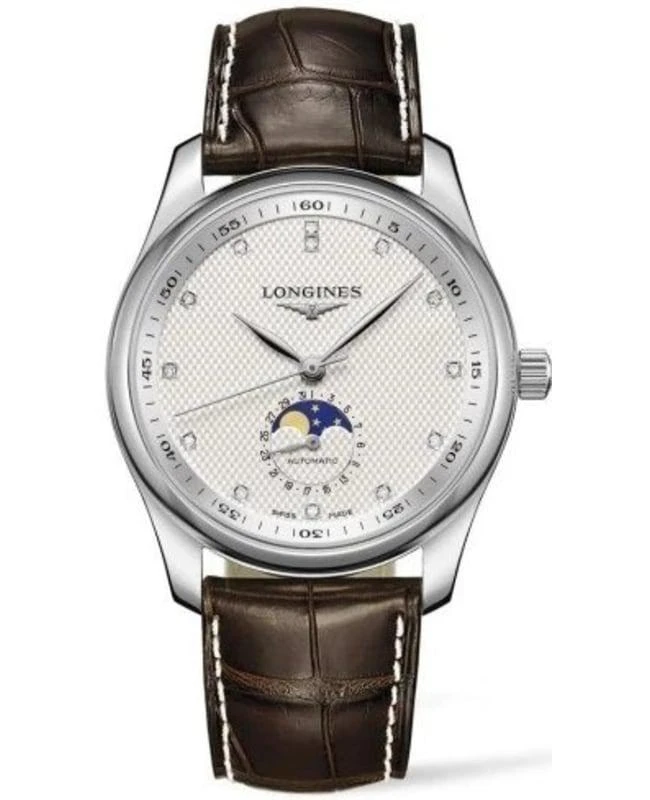 Longines Longines Master Collection Moonphase Silver Dial Diamond Brown Leather Strap Men's Watch L2.909.4.77.3 1