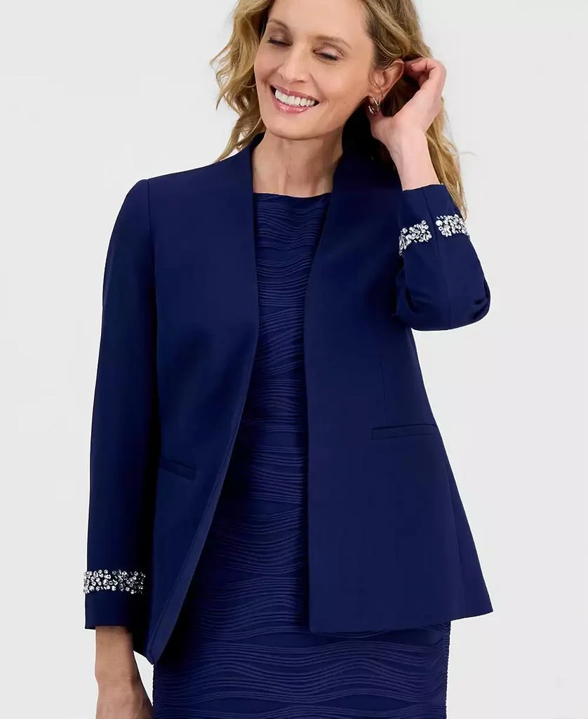 Kasper Women
s Stretch Crepe Collarless Embellished Bracelet-Sleeve Jacket 2