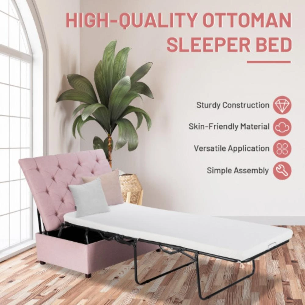 Hivvago Folding Ottoman Sleeper Bed with Mattress for Guest Bed and Office Nap-Pink 2