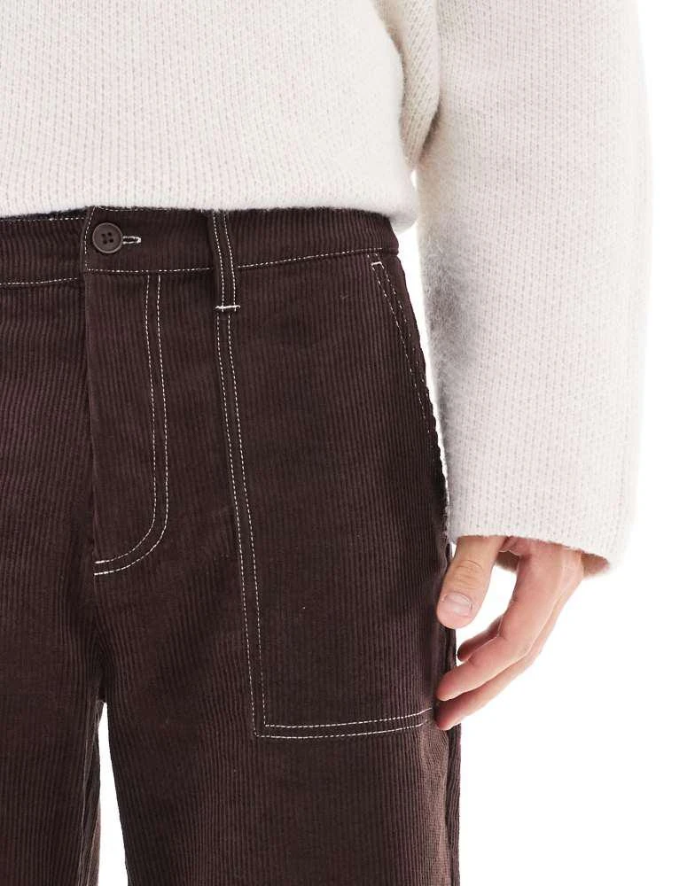 ASOS ASOS DESIGN straight leg cord trousers with contrast stitch in brown 4