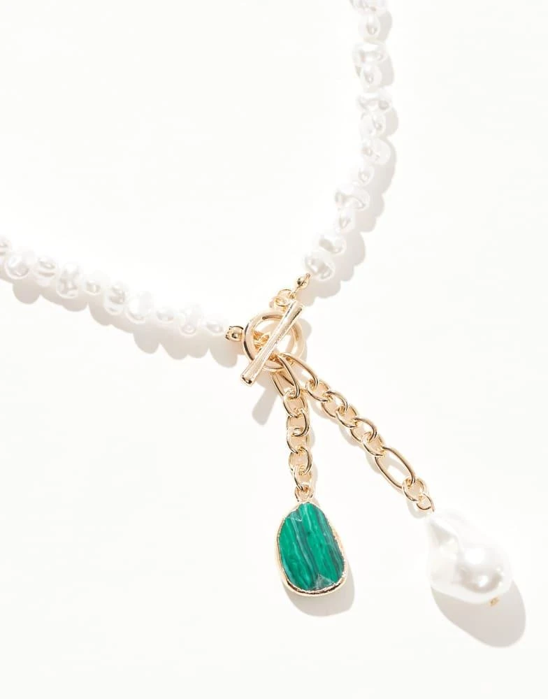 ASOS ASOS DESIGN necklace with faux freshwater pearl and malachite style charm in gold tone 3