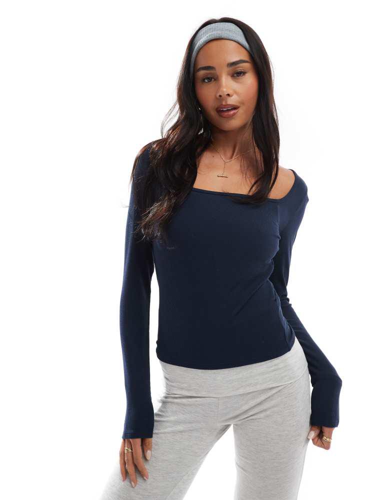 HOLLISTER Hollister long sleeve square neck top in navy - BeyondStyle