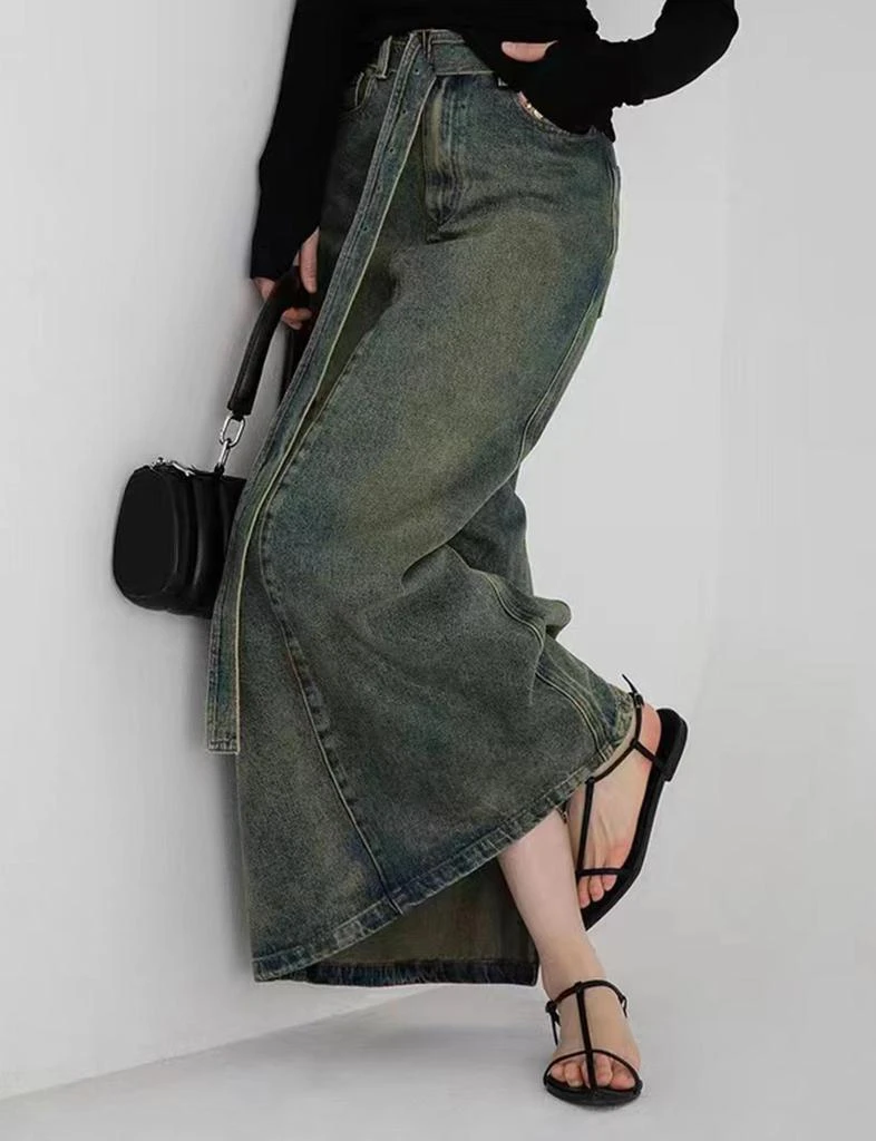 Pixie Market Dirty Denim Belted Maxi Skirt 8