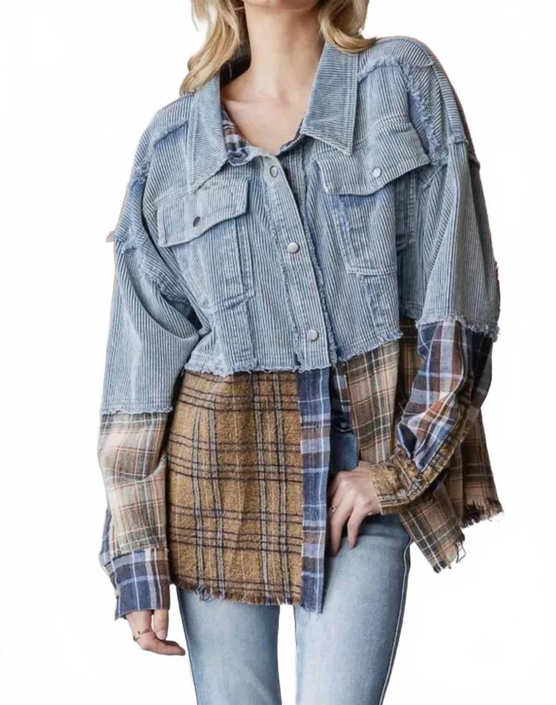 Oli 
Hali Washed Plaid Color Block Shacket In Mix Denim