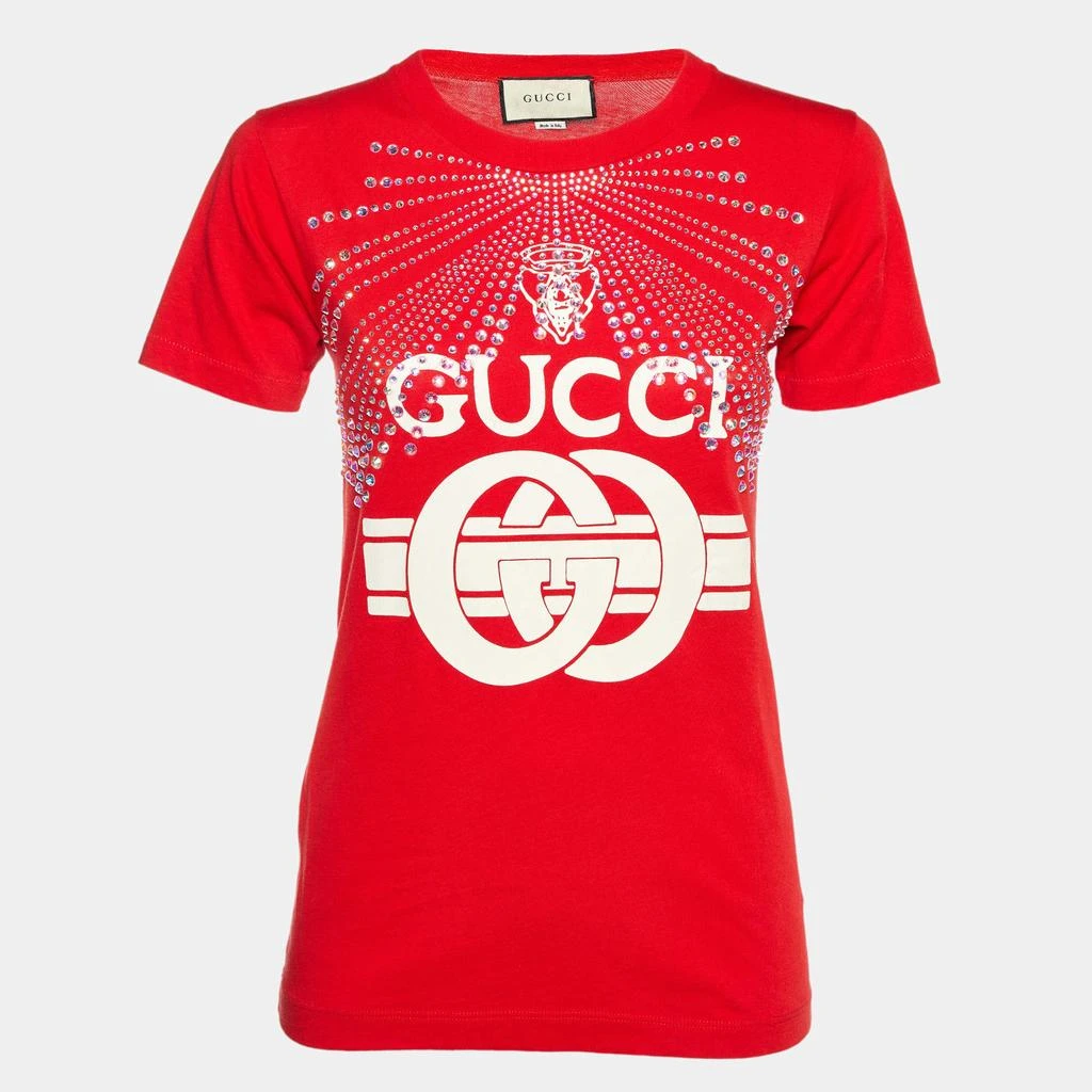 Gucci Gucci Red Cotton Logo Crystal Embellished T-Shirt S 1
