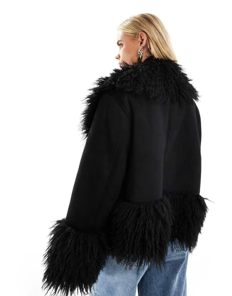 ASOS ASOS DESIGN Petite penny lane faux fur trim coat in black 4