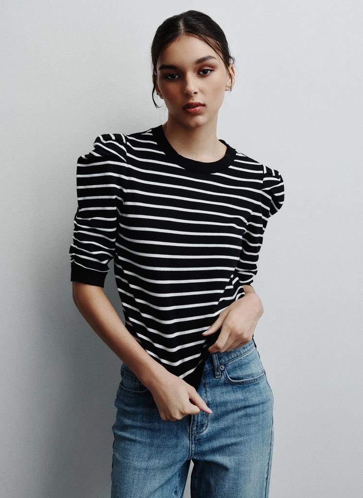 DKNY CREW NECK STRIPE TOP WITH PUFF SLEEVE