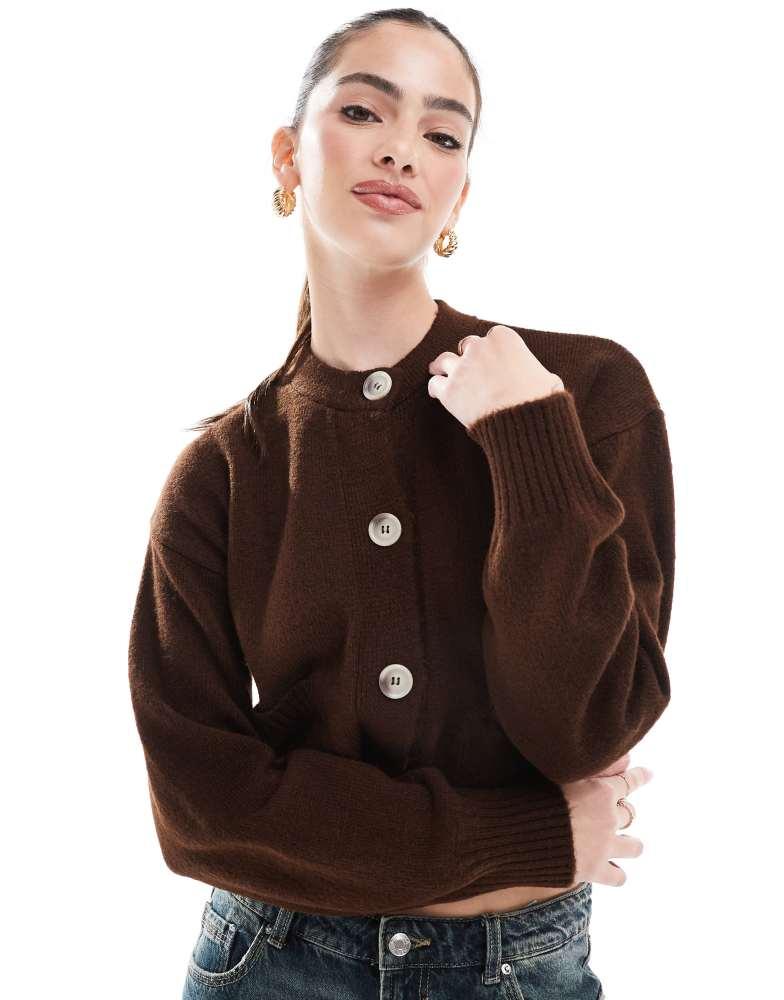 Miss Selfridge Miss Selfridge seam detail crew neck boxy cardigan in chocolate