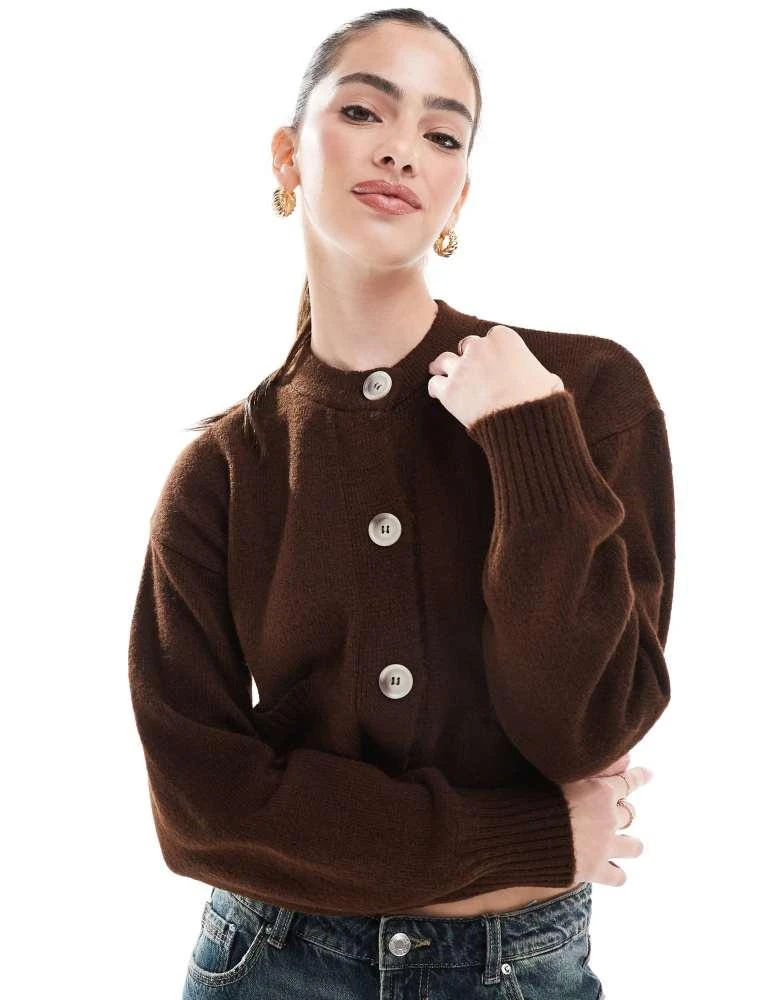 Miss Selfridge Miss Selfridge seam detail crew neck boxy cardigan in chocolate 1