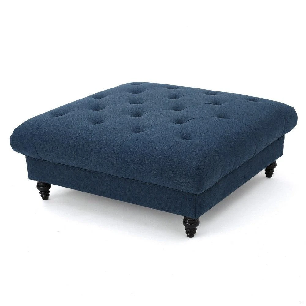 Hivvago Capri Ottoman, Tufted Navy Blue Fabric, Birch Wood, Square 41 Inch
