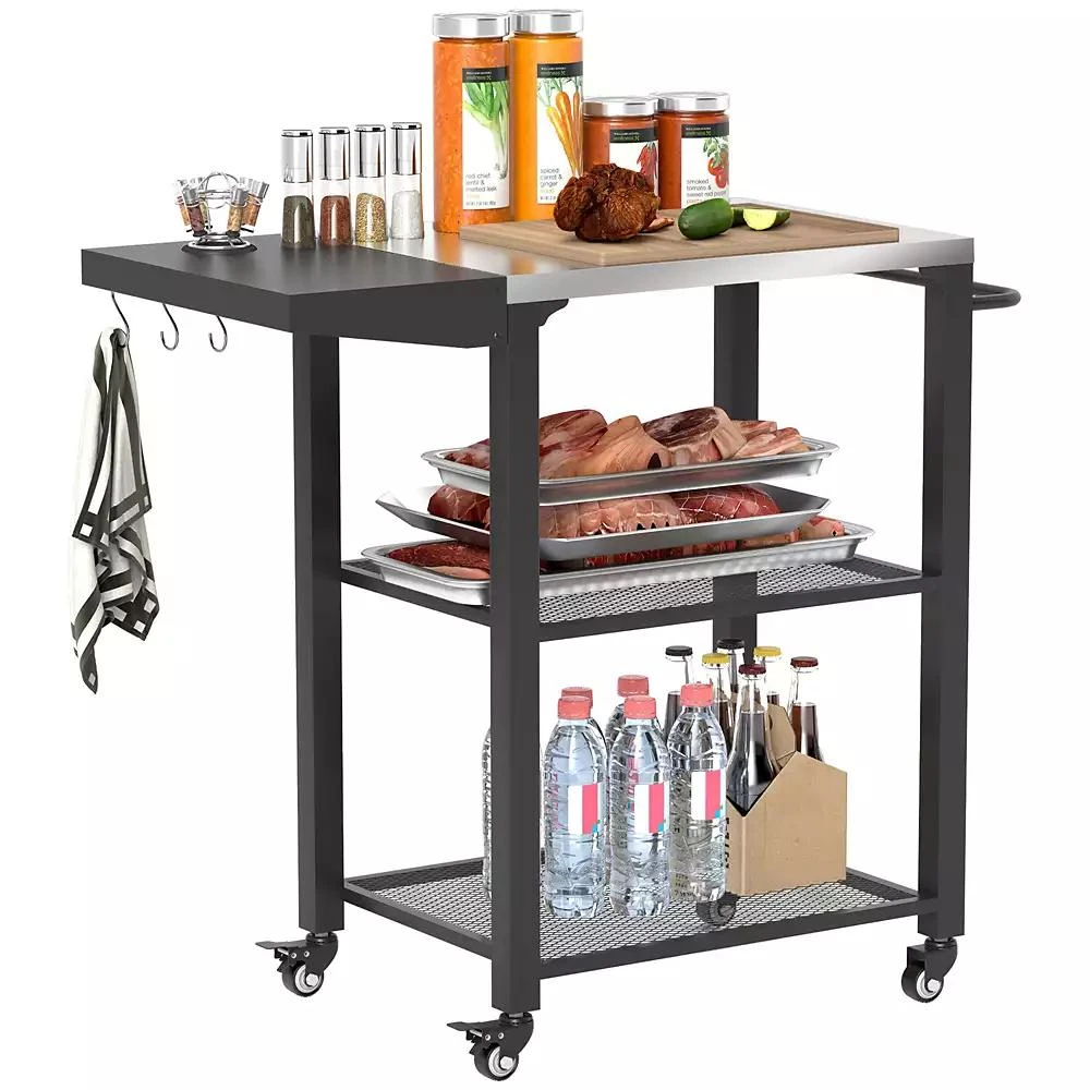 Outsunny 3-Shelf Outdoor Grill Cart Table with Foldable Side Table,