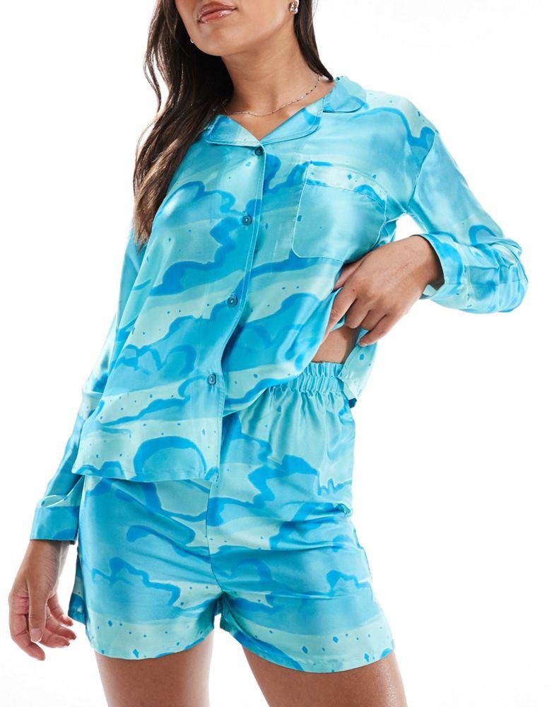 Luna Luna cloud print long sleeve satin revere pyjama set in blue