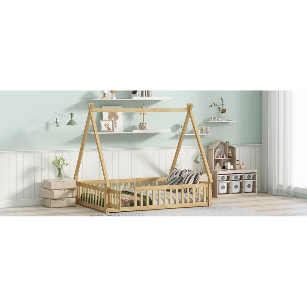 Streamdale Furniture Streamdale Rubber Wood Tent Floor Bed with Guardrails & Door 3