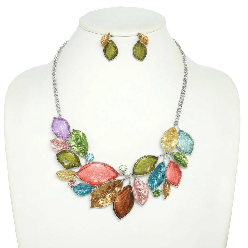TRUEDAMES Jeweled Leaf Branch Cluster Bib Necklace Set 3