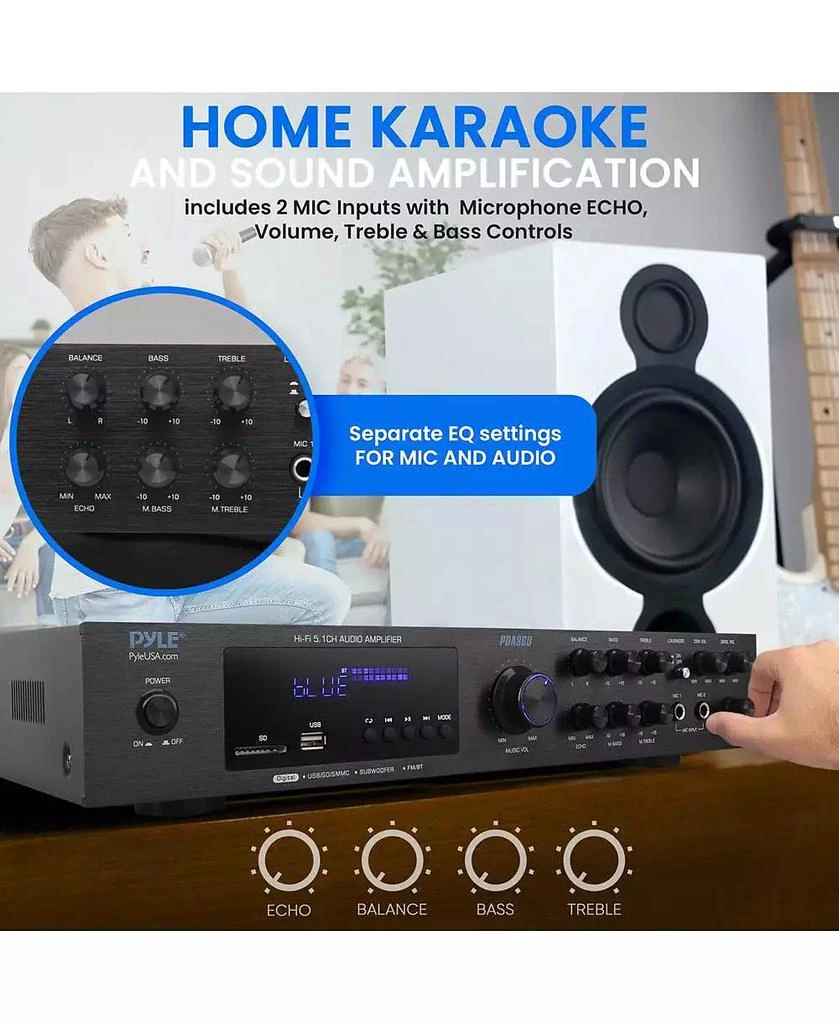 Pyle 5-Channel Audio Amplifier - Multi-Source 1/4” Audio/Microphone Input, USB/SD Readers, FM Radio, Built-in Bluetooth for Wireless Audio Streaming 6