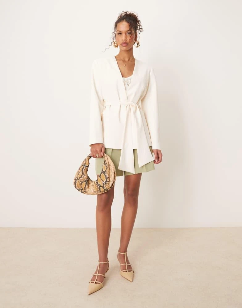 ASOS ASOS DESIGN tie waist collarless blazer in buttermilk 4