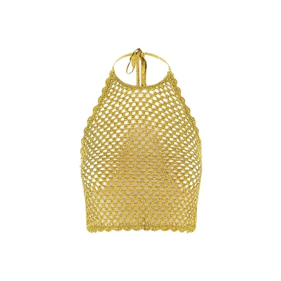 Ganni Ladies Gold Halterneck Crochet Tank Top 1
