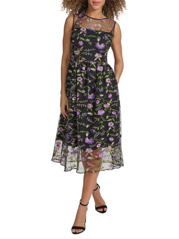 Kensie Floral Embroidered Mesh Fit & Flare Midi Dress 1