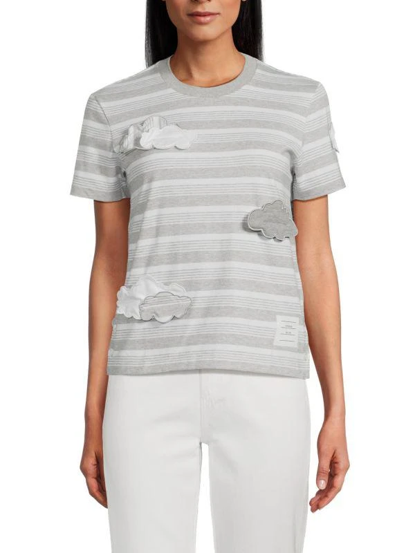 Thom Browne Cloud Appliqué Striped Cotton T-Shirt 1