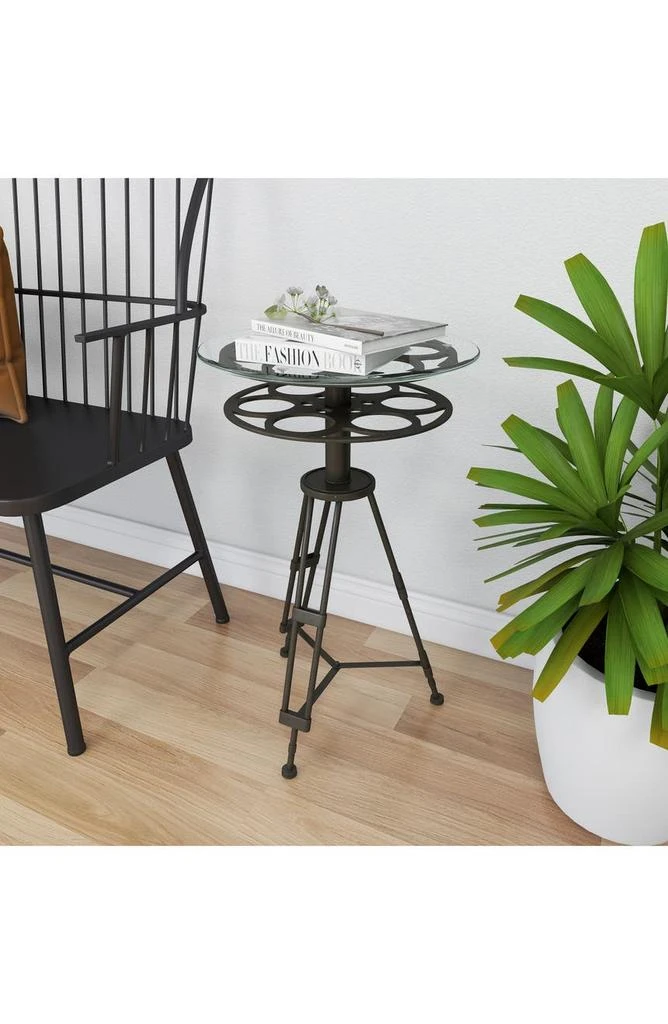 SONOMA SAGE HOME Black Metal Film Reel Accent Table with Tripod Legs and Glass Top 8