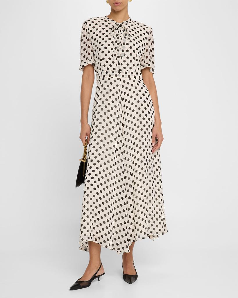 Marella Lorenza Tie-Neck Polka Dot Maxi Shirtdress