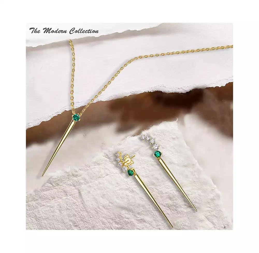 Genevive 14K Gold Plated Sterling Silver Green Linear Necklace and Earring Set