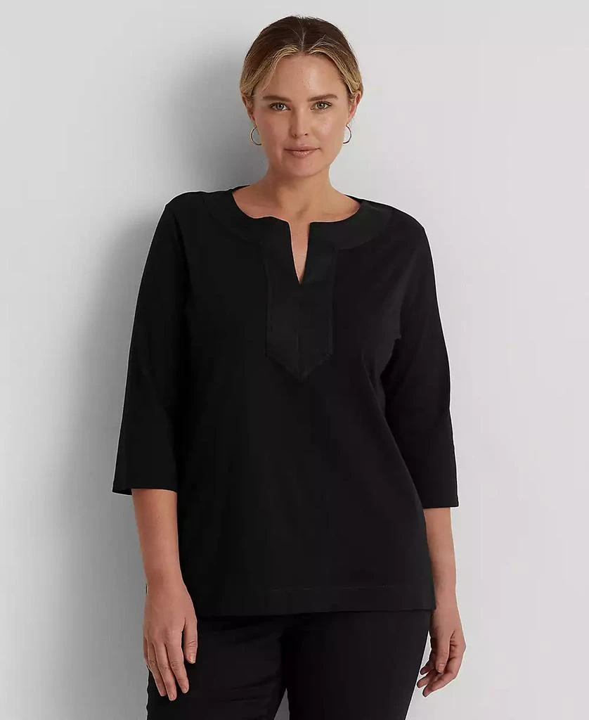 Ralph Lauren Women's Plus Size Split-Neck Three-Quarter Sleeve Cotton Tunic 1