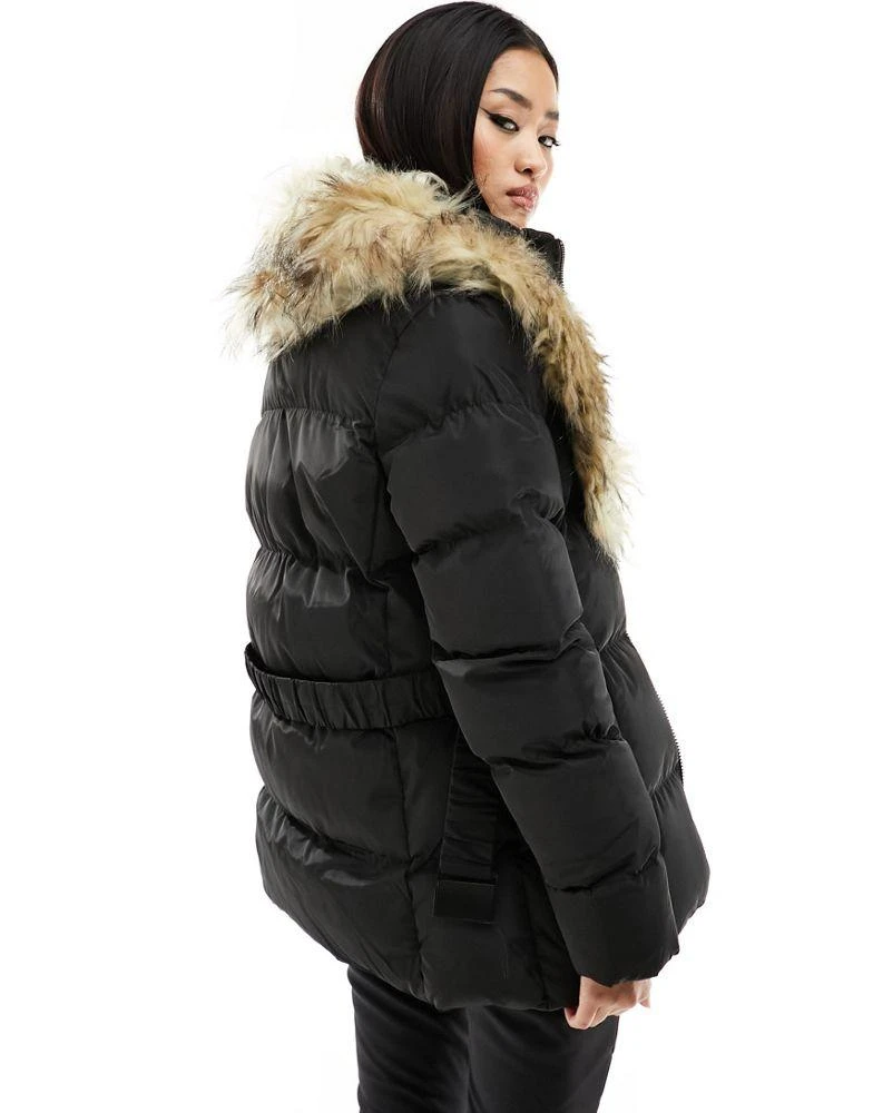 Threadbare Threadbare Ski belted puffer coat with faux fur collar in black 2