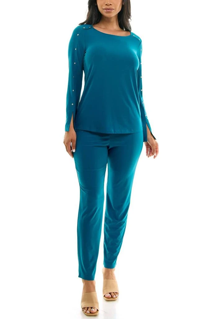 Nina Leonard Nina Leonard - Scoop Neck Embellished Shoulder Top With Elastic Waist Pant Set
