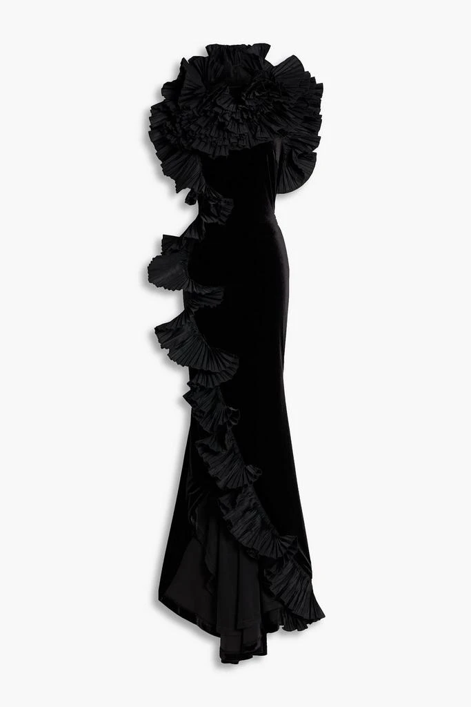 Badgley Mischka Taffeta-trimmed ruffled velvet gown 1