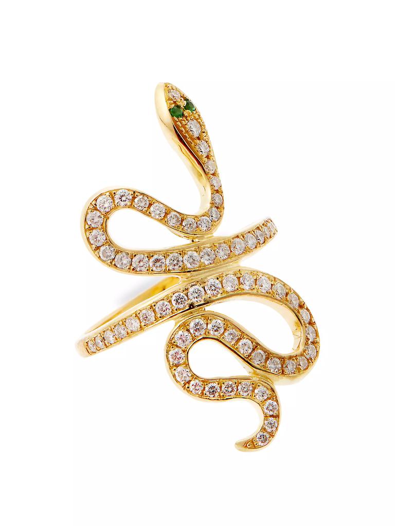 Ileana Makri Diamond Slither Snake 18K Yellow Gold, Tsavorite & Diamond Ring