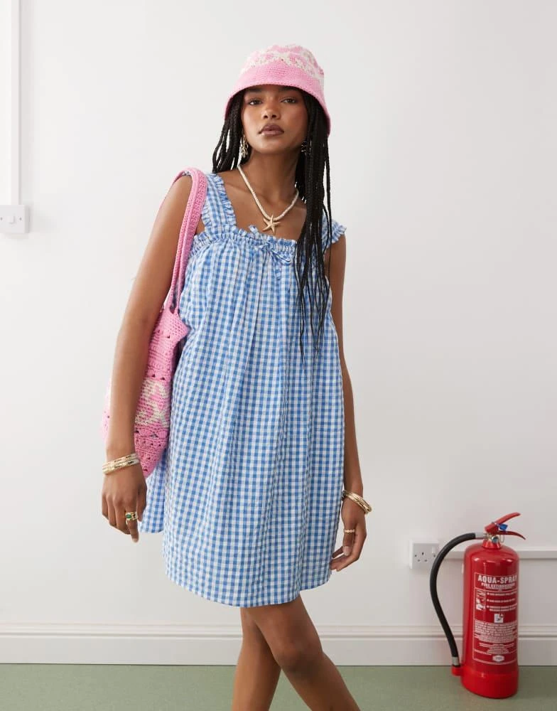 COLLUSION COLLUSION swing mini dress in blue and white gingham 1